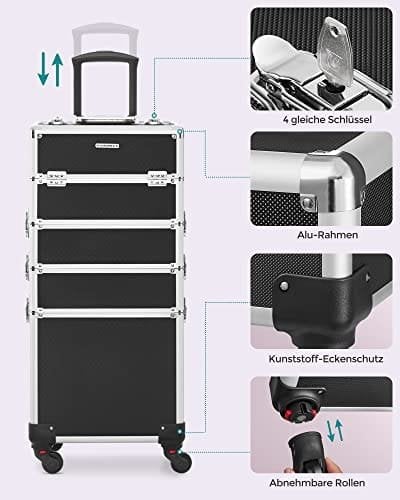 Songmics Professional makeup box, 4-i-1 Travel Beauty Trolley, Stor kosmetisk vagn, smink väska, Svart