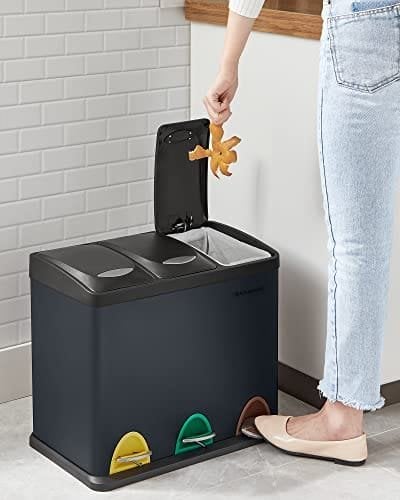 Songmics genbrugsspand, 3-i-1 pedalspand, 24 liter metalaffaldsspand, stål, grå
