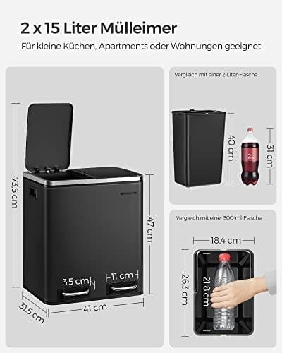 Songmics køkkenspand, 2 x 15 l stålspande, stigespande med indvendige spande, lugtfast