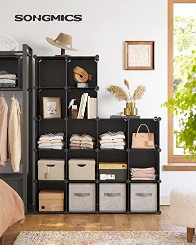 Songmics 15 Cube Opbevaringsenhed Skostativ DIY Hyldesystem Stableterninger PP Plast, Sort