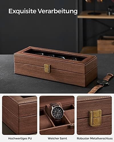 Songmics klocklåda med 6 fack, klockhållare med lås, 11,2 x 30 x 8 cm, presentidé, brunt