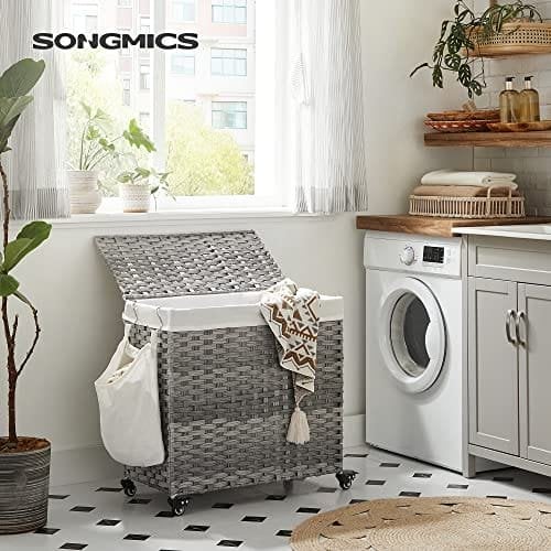 Songmics-pyykkikori, käsinkudottu haalari, 140L rottinki, 3 lokeroa, harmaa