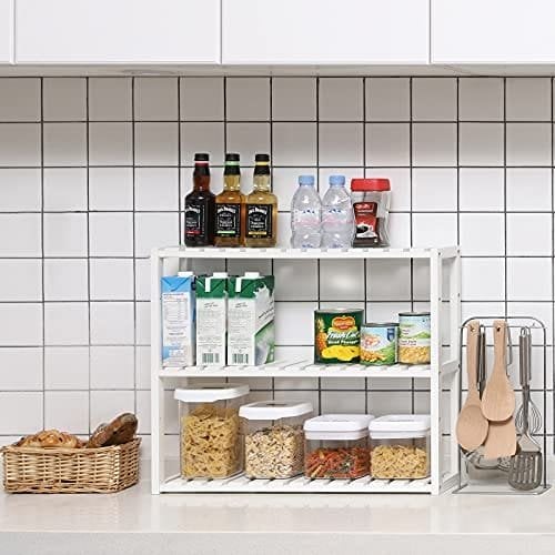 Songmics bambushylde, højdejusterbar, 3 niveaus hylde, 60 x 15 x 54 cm, hvid