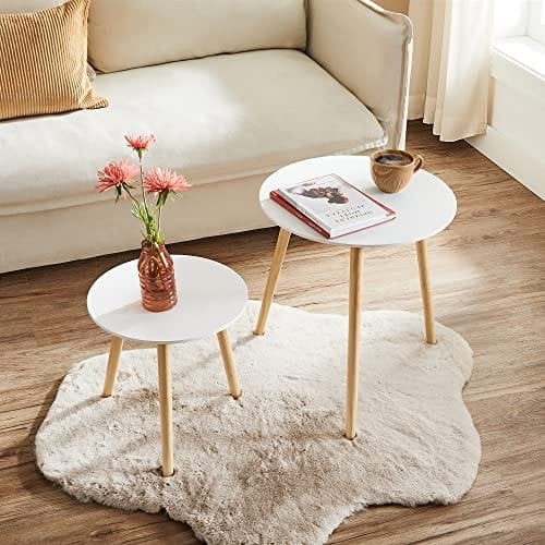 Vasagle 2 sideborde, runde endeborde, minimalistiske sofaborde hvide og naturlige