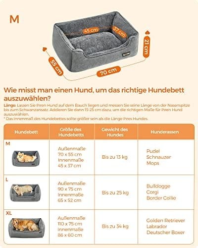 Hundeseng, Kæledyrsseng i Linned Look, Hundesofa med Hævede Kanter, Skridsikker Bund, Aftageligt Vaskbart Betræk, M, til Små Hunde, 70 X 55 X 21 Cm, Lysegrå