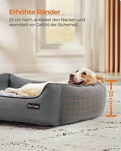 Hundeseng, Kæledyrsseng i Hørlook, Hundesofa med Hævede Kanter, Skridsikker Bund, Aftageligt Vaskbart Betræk, L, til Mellemstore Hunde, 90 X 75 X 25 Cm, Lysegrå