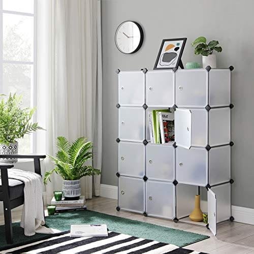 Songmics 12 Cube Opbevaringsorganisator, Plastskab med dør, Skostativ, Skab, Hvid