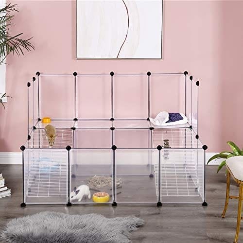 Songmics Marsvin kravlegård, DIY Hutch bur til små kæledyr, hvid