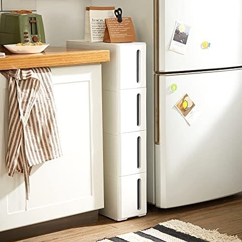 Songmics plastopbevaringsbokse, smal opbevaringsvogn på hjul, 45 x 17 x 83 cm, hvid og grå