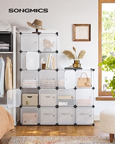 Songmics 15 Cube DIY Opbevaringsorganiseringsenhed Plastgarderobe med døre, hvid