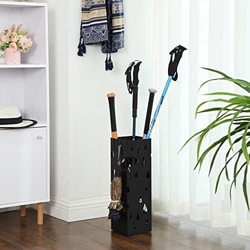 Songmics Metal Paraply Stand, firkantet paraplyholder med drypbakke og 4 kroge, sort