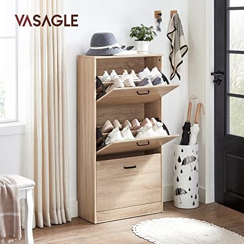 Vasagle skoskab med 3 dørs skohylde, skoskab med 3 rum, 60 x 24 x 120 cm, natur