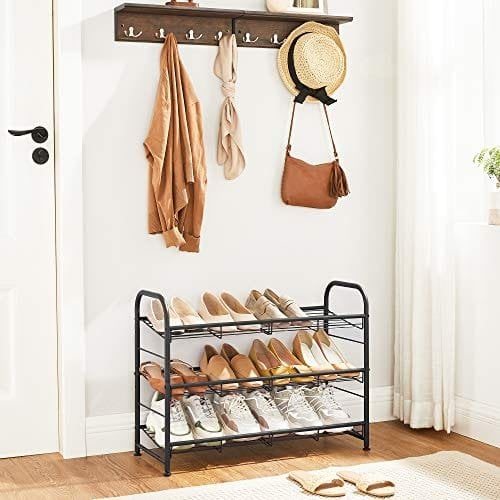 Songmics 3-lags skohylde, stabelbar skoopbevaring, stål, 68,5 x 27,5 x 49,5 cm, sort