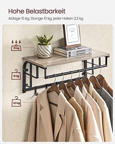Væghængt, knage med 5 knager og ophængsstang, Greige og sort
