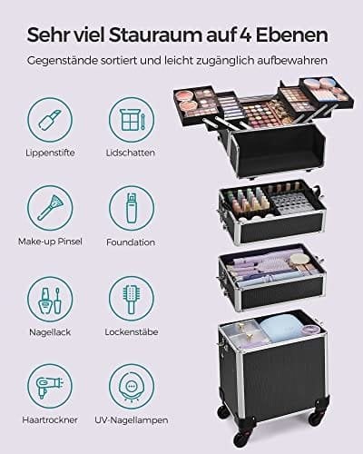 Songmics Professional makeup box, 4-i-1 Travel Beauty Trolley, Stor kosmetisk vagn, smink väska, Svart