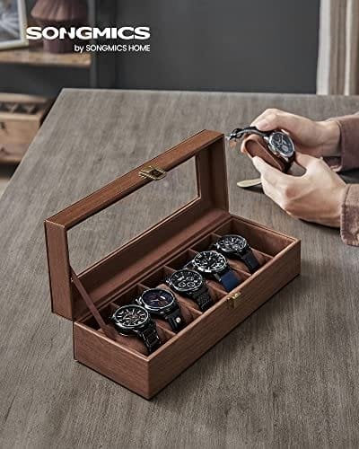 Songmics klocklåda med 6 fack, klockhållare med lås, 11,2 x 30 x 8 cm, presentidé, brunt