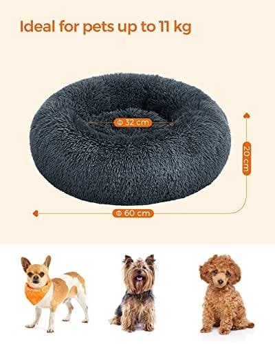 Hundeseng Donut Katteseng Fluffy Beroligende Kæledyrsseng med Aftageligt Vaskbart Betræk Blødt Langt Plys 60 Cm Mørkegrå