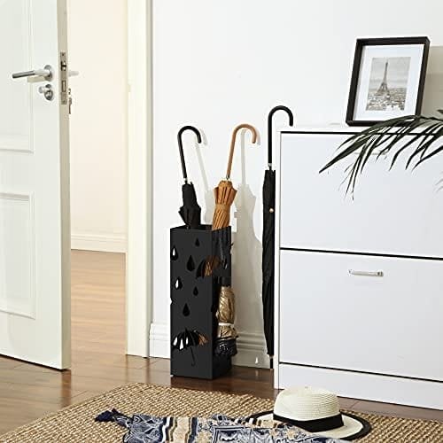 Songmics Metal Paraply Stand, firkantet paraplyholder med drypbakke og 4 kroge, sort