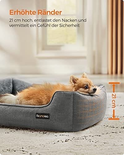 Hundeseng, Kæledyrsseng i Linned Look, Hundesofa med Hævede Kanter, Skridsikker Bund, Aftageligt Vaskbart Betræk, M, til Små Hunde, 70 X 55 X 21 Cm, Lysegrå