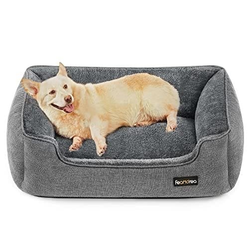 Hundeseng, Kæledyrsseng i Hørlook, Hundesofa med Hævede Kanter, Skridsikker Bund, Aftageligt Vaskbart Betræk, L, til Mellemstore Hunde, 90 X 75 X 25 Cm, Lysegrå