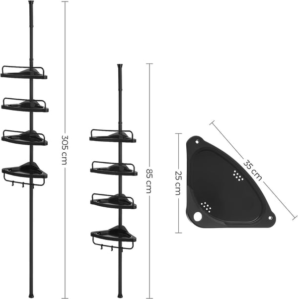 Songmics justerbar hjørnehylde til badeværelset, 85-305 cm, med 4 bakker, 3 kroge, sort