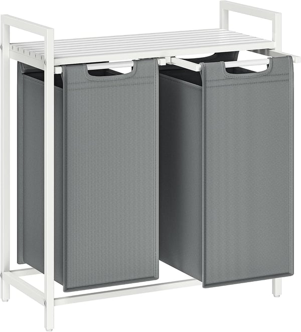 Vasagle tvättkorg, 2 fack, Oxford -tygtvättpåse, utdragbar, avtagbar, metallram, 2 x 46 l, vit/ljusgrå