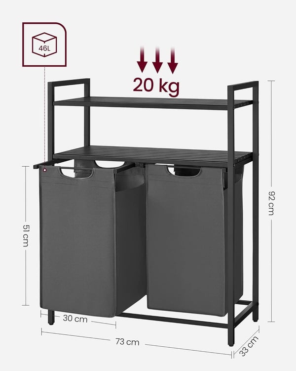 Vasagle vasketøjskurv 2-rum, vasketøjskurv med 2 hylder, pr. pose 46 liter, sort-grøn