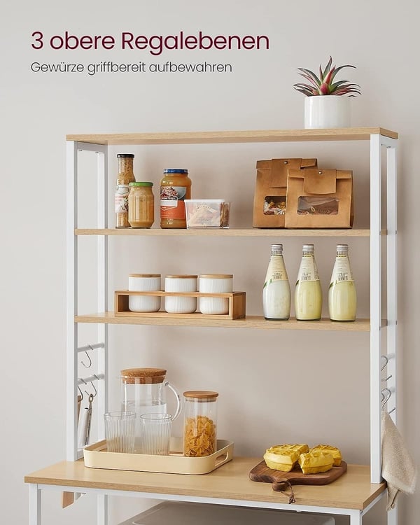 Vasagle køkkenhyldestativ mikroovnhyldestativ 6 niveau 6 hylder og 6 kroge, eg hvid