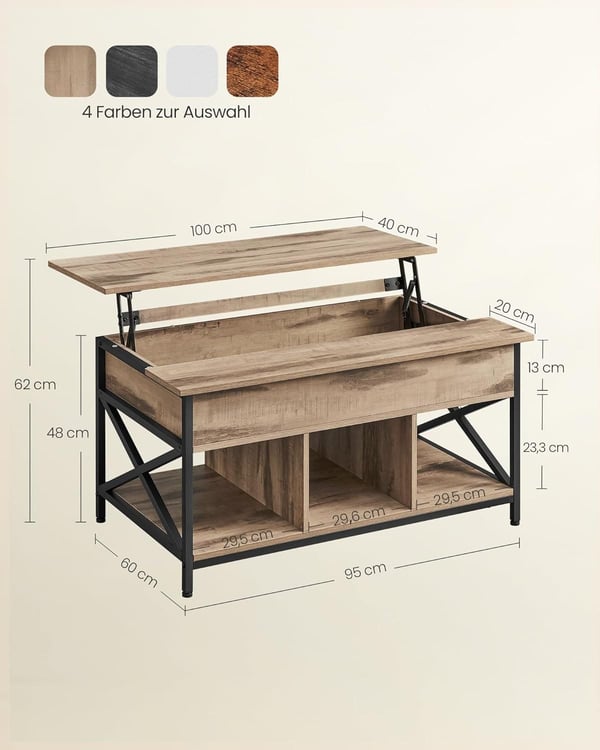 Sofabord, Justerbart Stuebord, Sofabord, Åbent og Skjult Opbevaringsrum, X-stiver, 60 X 100 X (48-62) Cm, Kamelbrun/sort