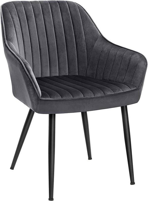 Matstol, fåtölj, stoppad stol med armstöd, metallben, sammetsöverdrag, sittbredd 49 cm
