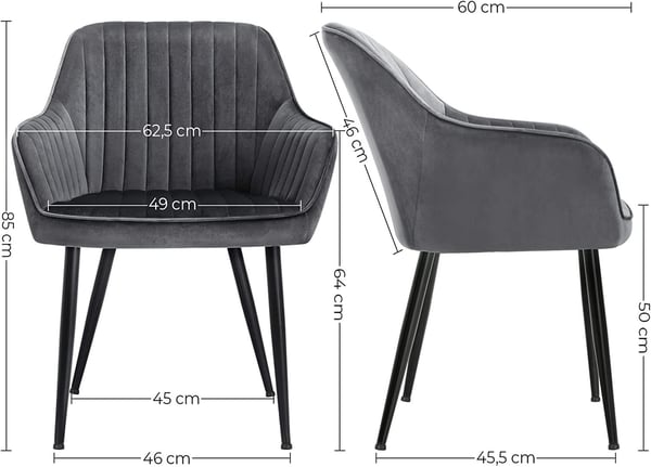 Spisestol, lænestol, polstret stol med armlæn, metalben, fløjlsbetræk, sædebredde 49 cm