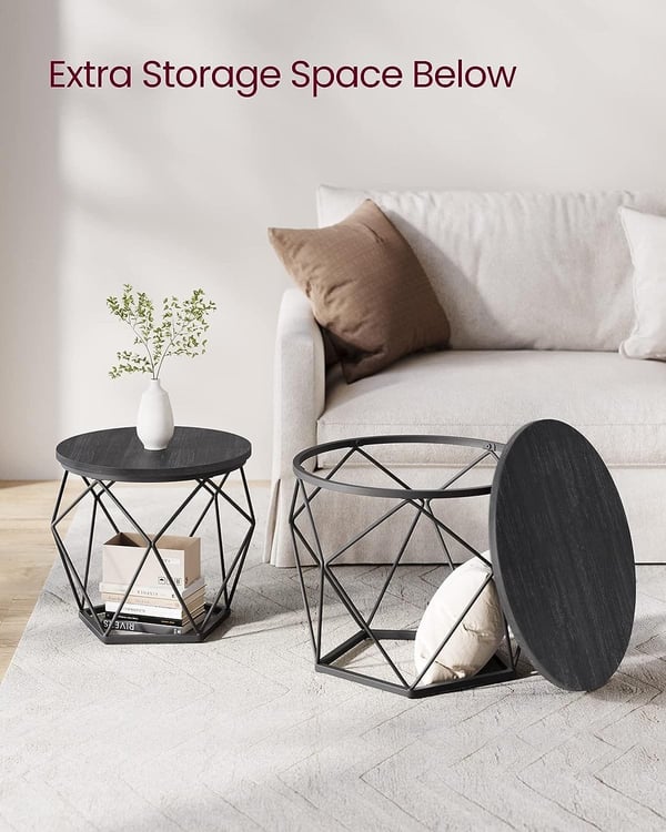 Vasagle rundt sofabord, sæt med to sideborde, moderne stil, sort