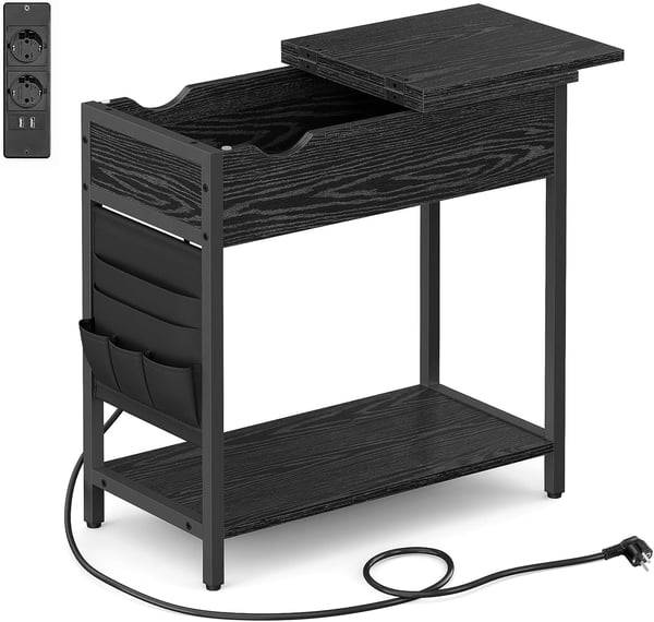 Vasagle sidebord med strømskinne, med USB porte, natbord, sort træ effekt