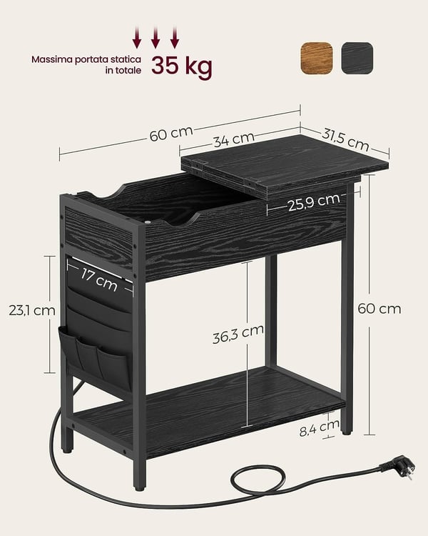 Vasagle sidebord med strømskinne, med USB porte, natbord, sort træ effekt