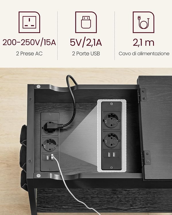 Vasagle sidebord med strømskinne, med USB porte, natbord, sort træ effekt