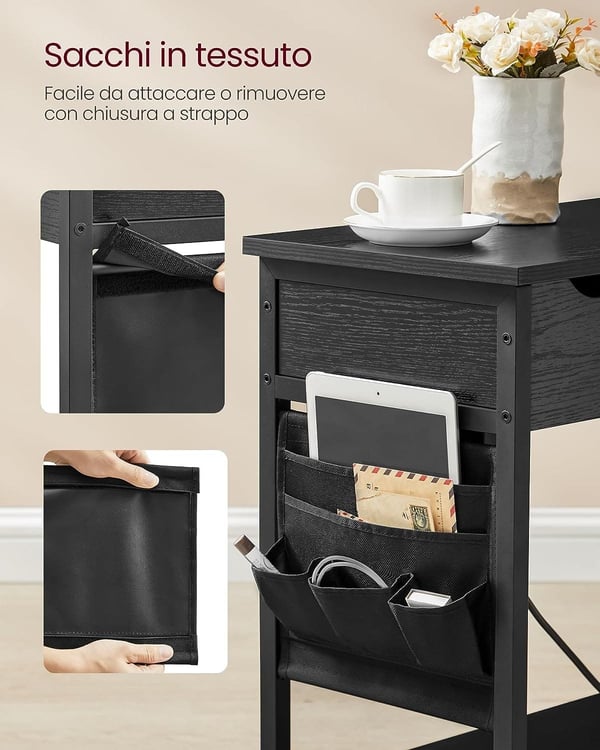 Vasagle sidebord med strømskinne, med USB porte, natbord, sort træ effekt
