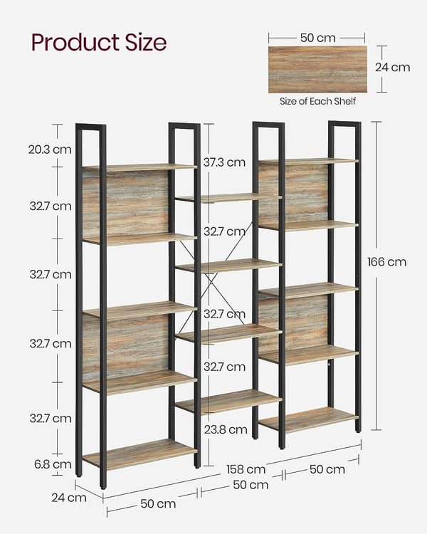 Vasagle reol med 14 hylder, metalramme, industriel stil, 24 x 158 x 166 cm, eg med blå årer og sort