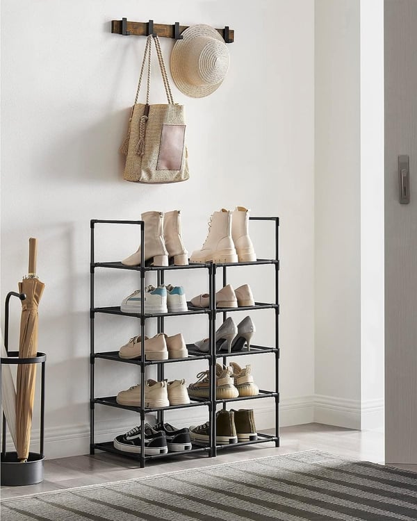 Songmics 10-lags skostativ, pladsbesparende skoopbevaring, 33 X 33 X 173 CM, metalstel, sort