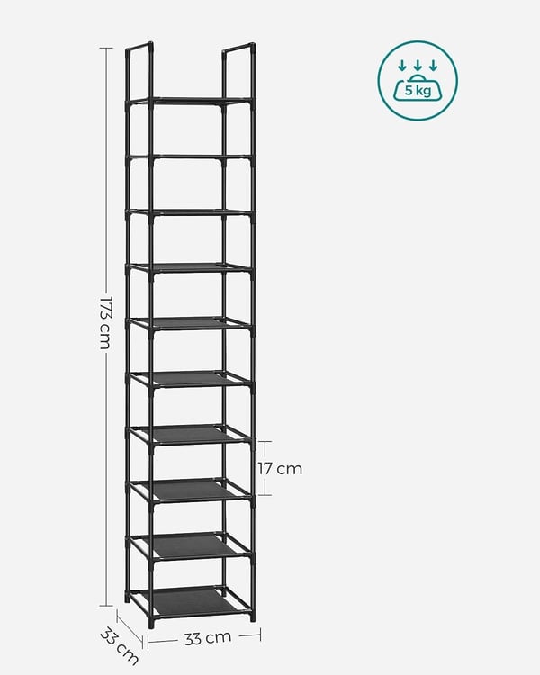 Songmics 10-lags skostativ, pladsbesparende skoopbevaring, 33 X 33 X 173 CM, metalstel, sort