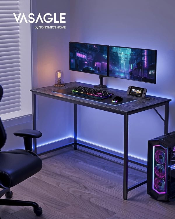 Vasagle skrivebord, lille computerbord, skrivebord, 60 x 120 x 75 cm, metalstel, sort