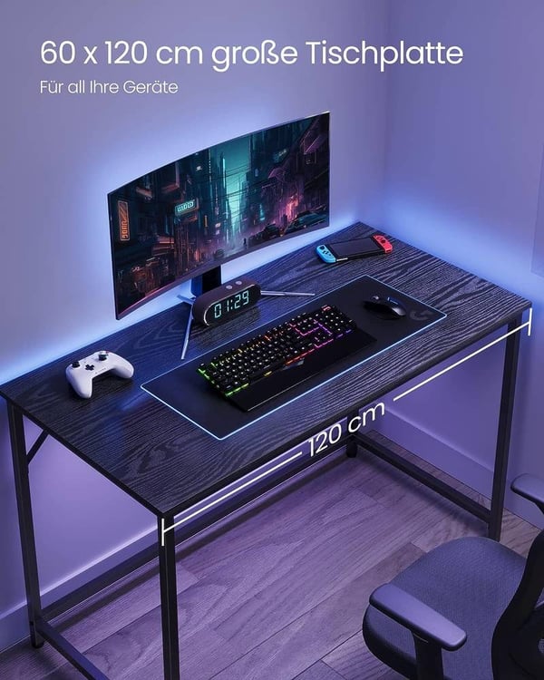 Vasagle skrivebord, lille computerbord, skrivebord, 60 x 120 x 75 cm, metalstel, sort