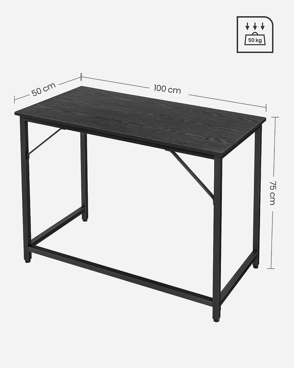 Vasagle työpöytä, pieni tietokonepöytä, toimistopöytä, 50 x 100 x 75 cm, metallirunko, musta