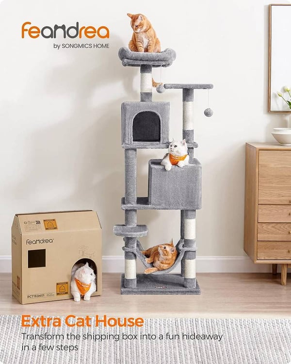 Feandrea Cat Tree, 155 cm Cat Tower sisäkissoille, 2 luolaa, riippumatto, vaaleanharmaa