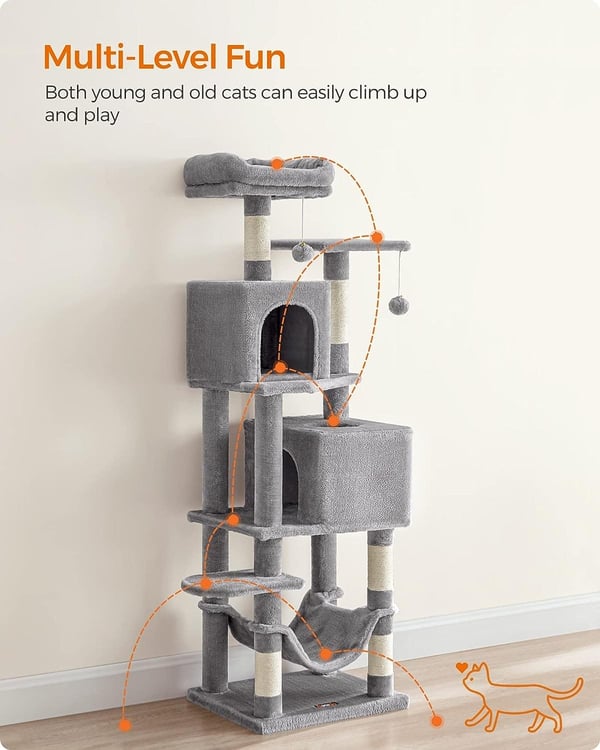 Feandrea Cat Tree, 155 cm Cat Tower sisäkissoille, 2 luolaa, riippumatto, vaaleanharmaa