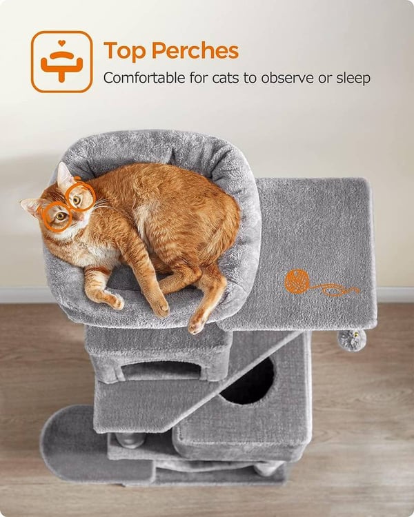 Feandrea Cat Tree, 155 cm Cat Tower sisäkissoille, 2 luolaa, riippumatto, vaaleanharmaa