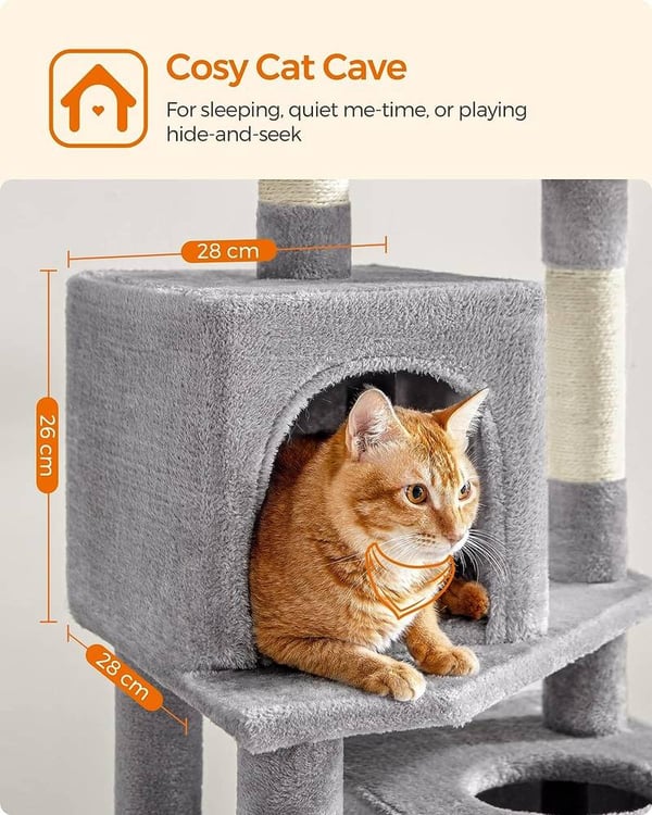 Feandrea Cat Tree, 155 cm Cat Tower sisäkissoille, 2 luolaa, riippumatto, vaaleanharmaa