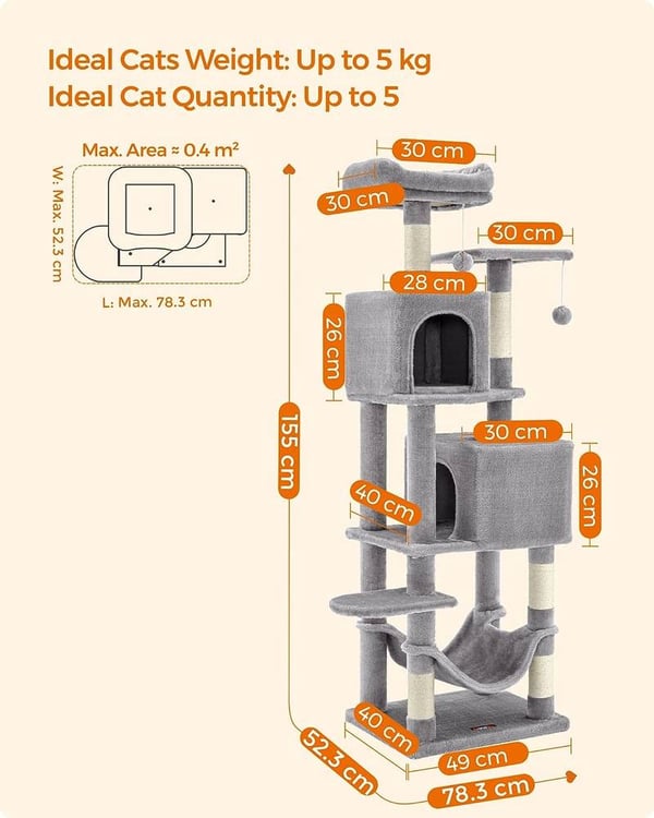 Feandrea Cat Tree, 155 cm Cat Tower sisäkissoille, 2 luolaa, riippumatto, vaaleanharmaa