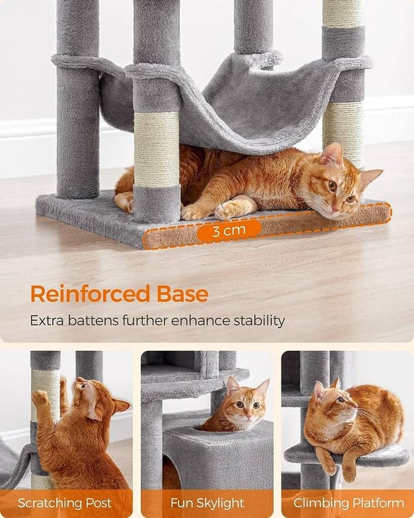 Feandrea Cat Tree, 155 cm Cat Tower sisäkissoille, 2 luolaa, riippumatto, vaaleanharmaa