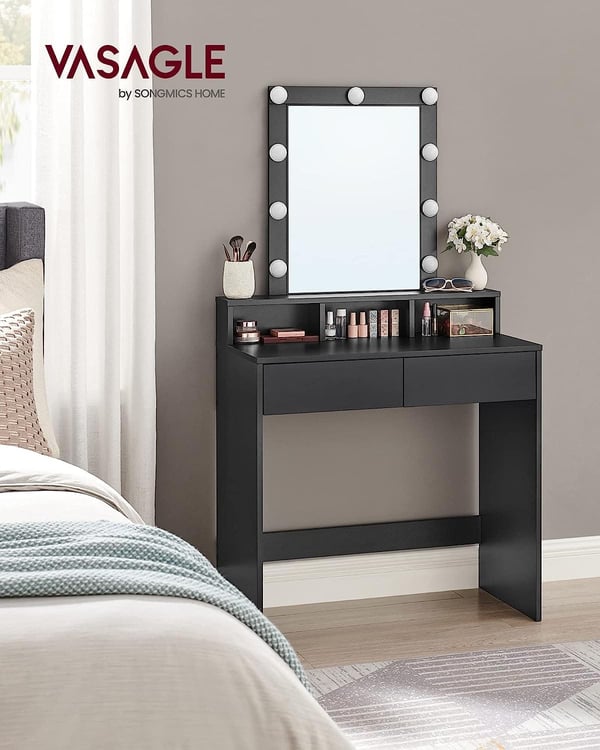 VASAGLE Sminkebord, LED-lys, Sminkebord med spejl, Moderne, Sort