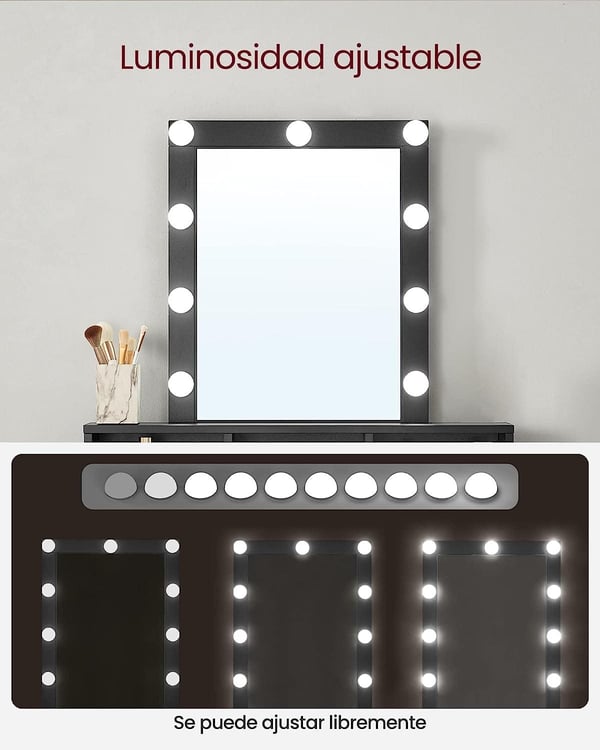 VASAGLE Sminkebord, LED-lys, Sminkebord med spejl, Moderne, Sort